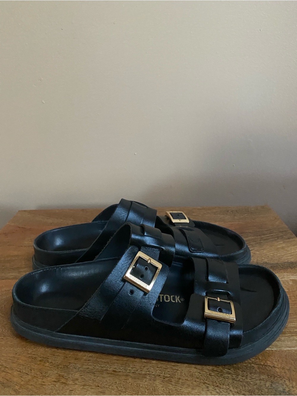 Birkenstock St Barths Black Leather Double Two-Strap Sandals with Gold Buckles - Picture 11 of 16